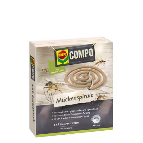 Verpakking van COMPO muggenspiralen, 5 × 2 rookspiralen met houder